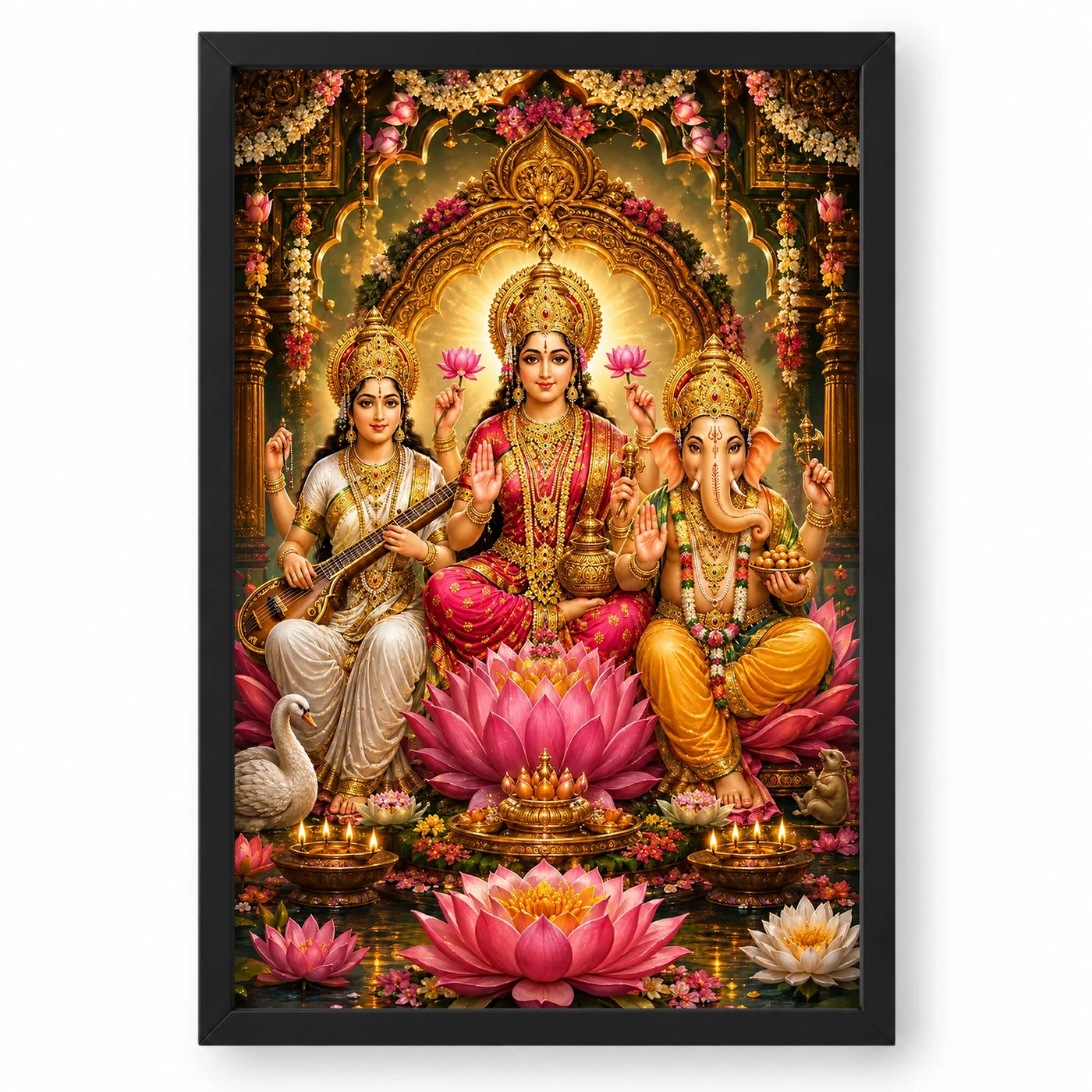 Lakshmi Saraswati Ganesha Grand Festival Flower Decoration Photo Frame