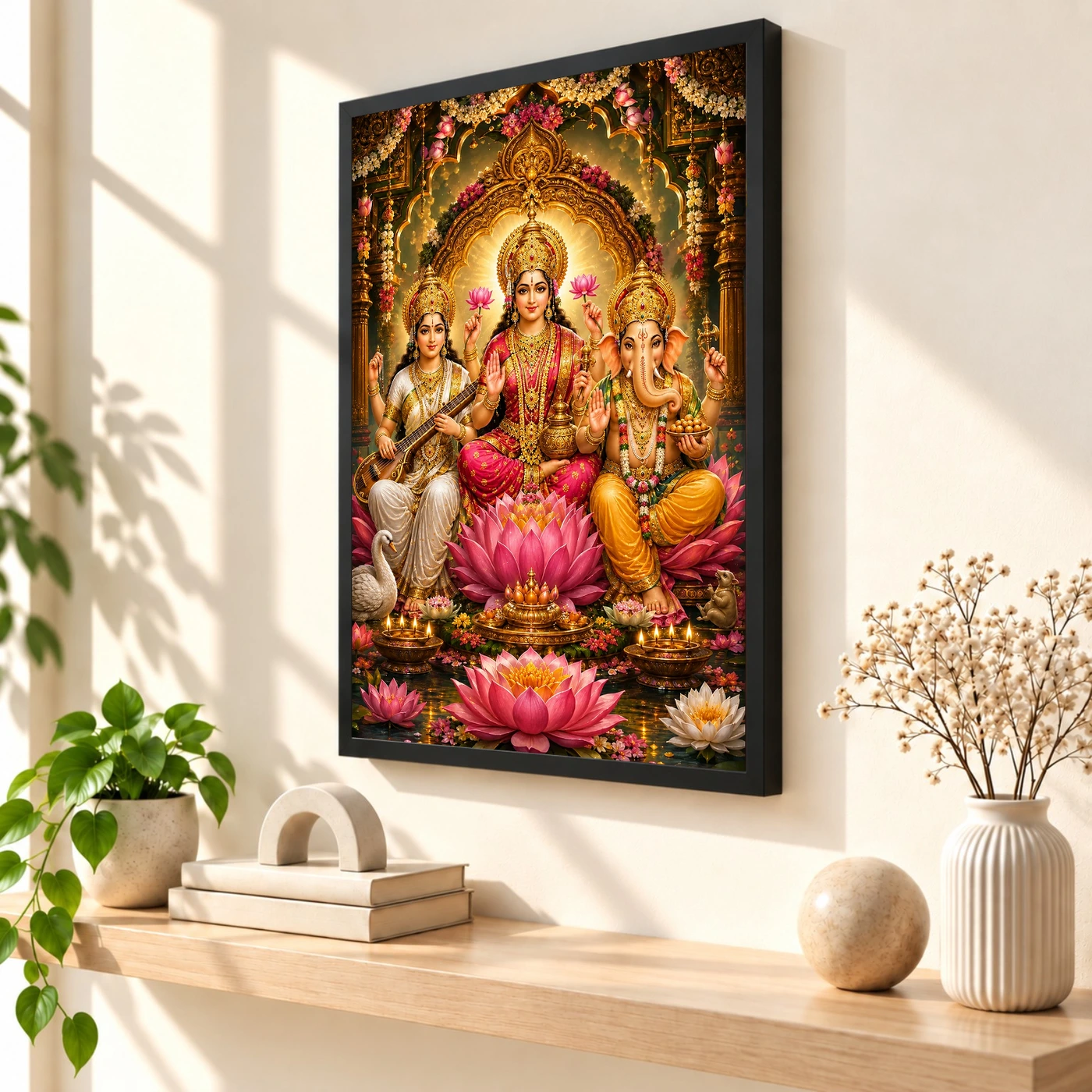 Lakshmi Saraswati Ganesha Grand Festival Flower Decoration Photo Frame, view 2