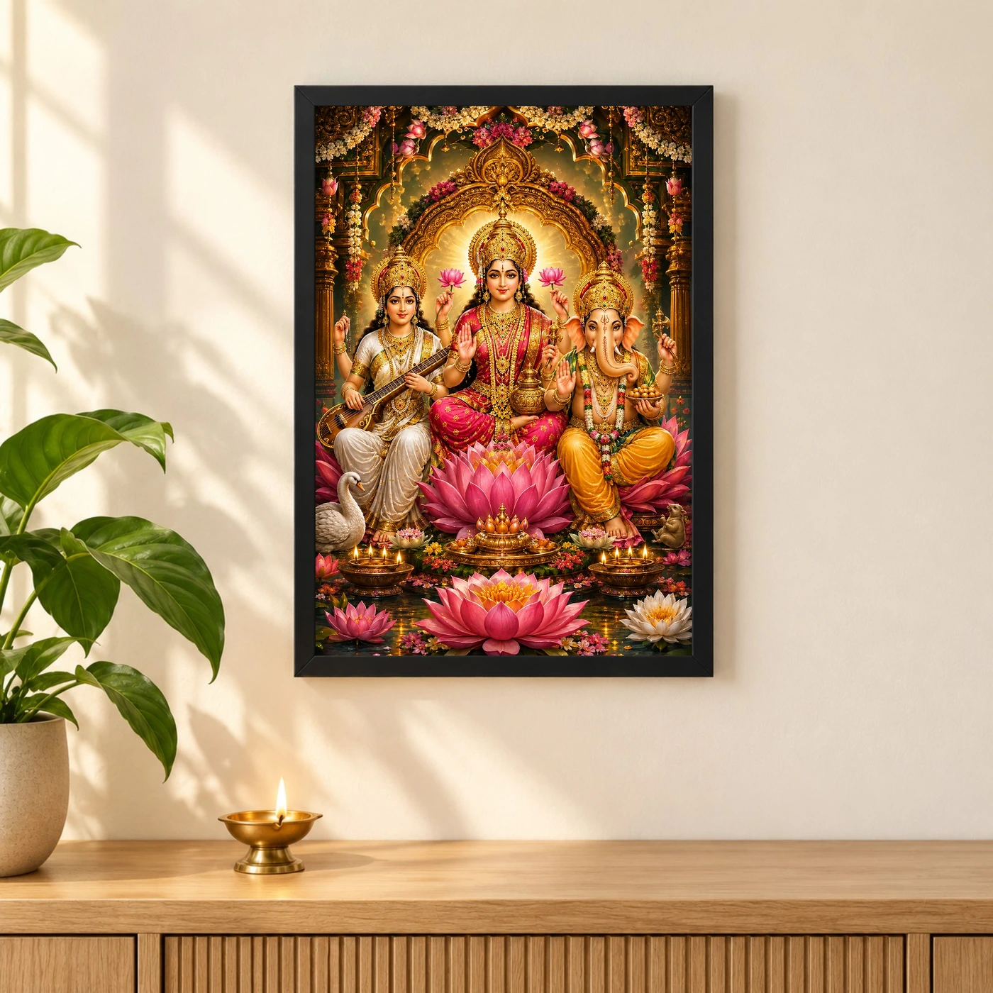 Lakshmi Saraswati Ganesha Grand Festival Flower Decoration Photo Frame, view 3