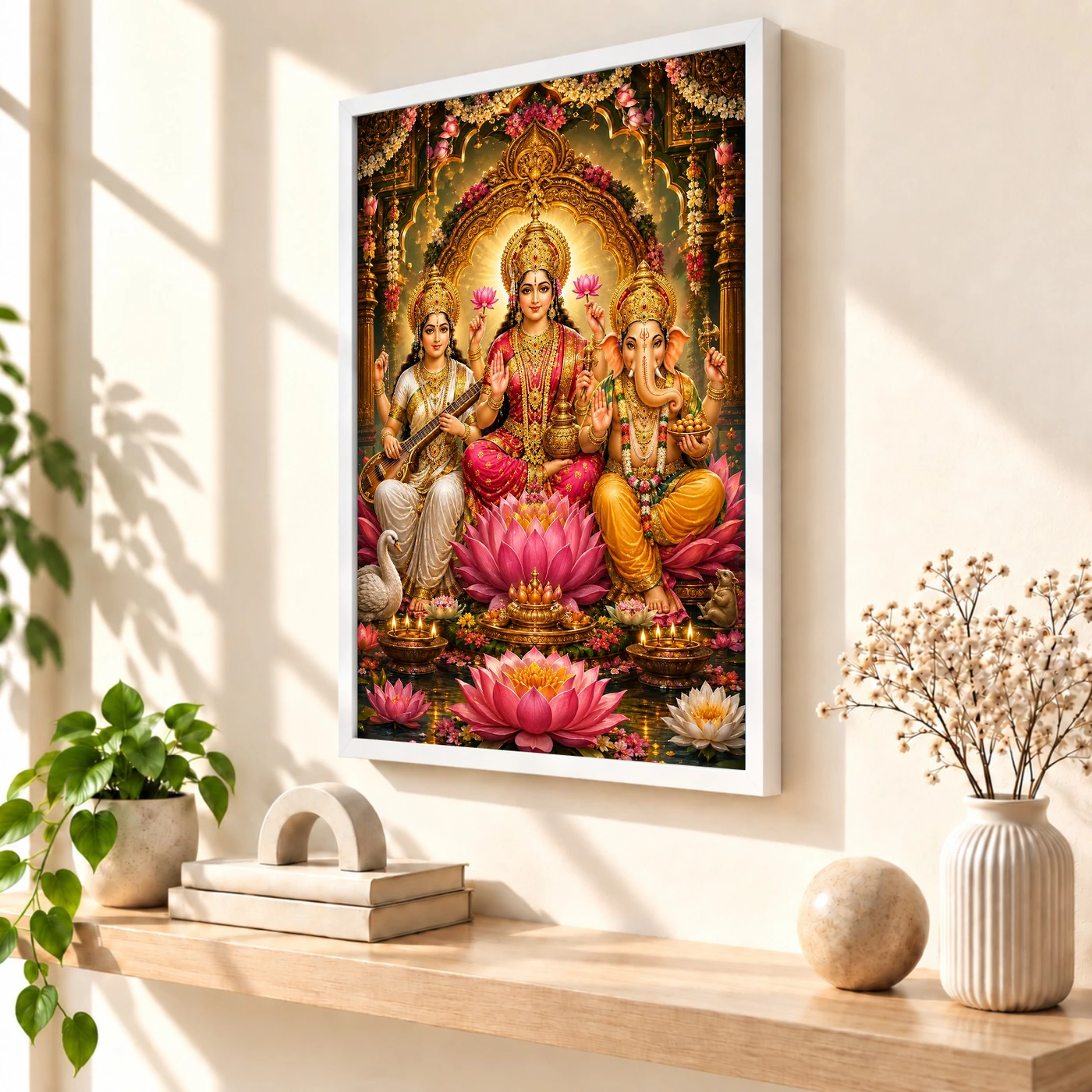 Lakshmi Saraswati Ganesha Grand Festival Flower Decoration Photo Frame, view 7