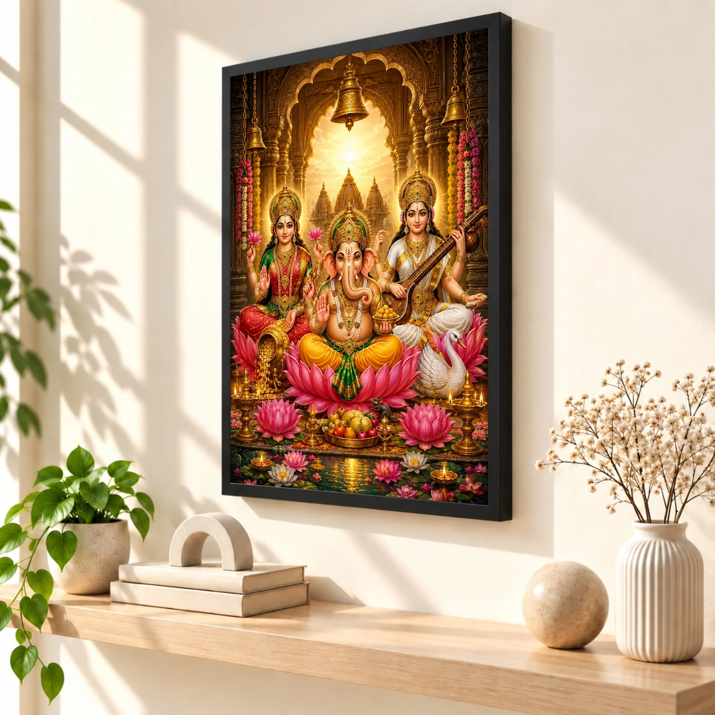 Lakshmi Saraswati Ganesha Heritage Temple Architecture Backdrop Photo Frame, view 2