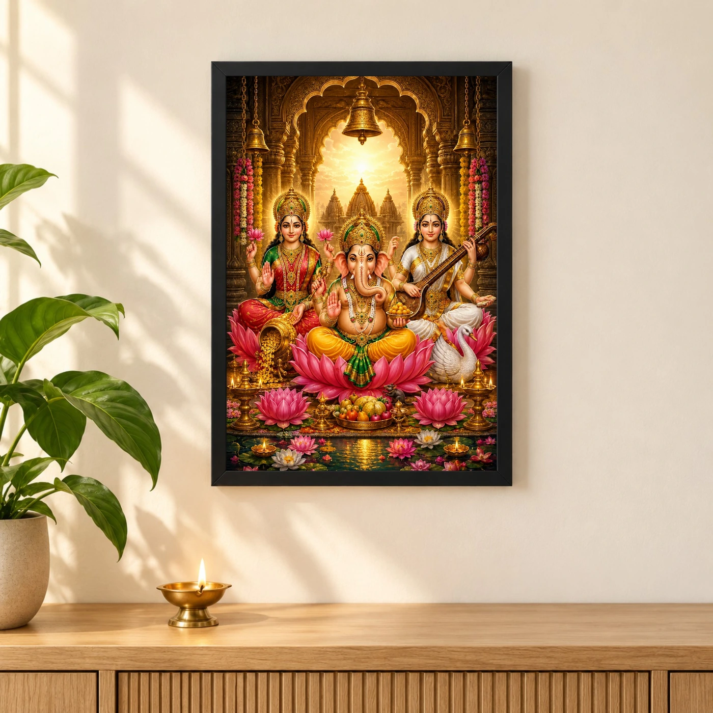 Lakshmi Saraswati Ganesha Heritage Temple Architecture Backdrop Photo Frame, view 3