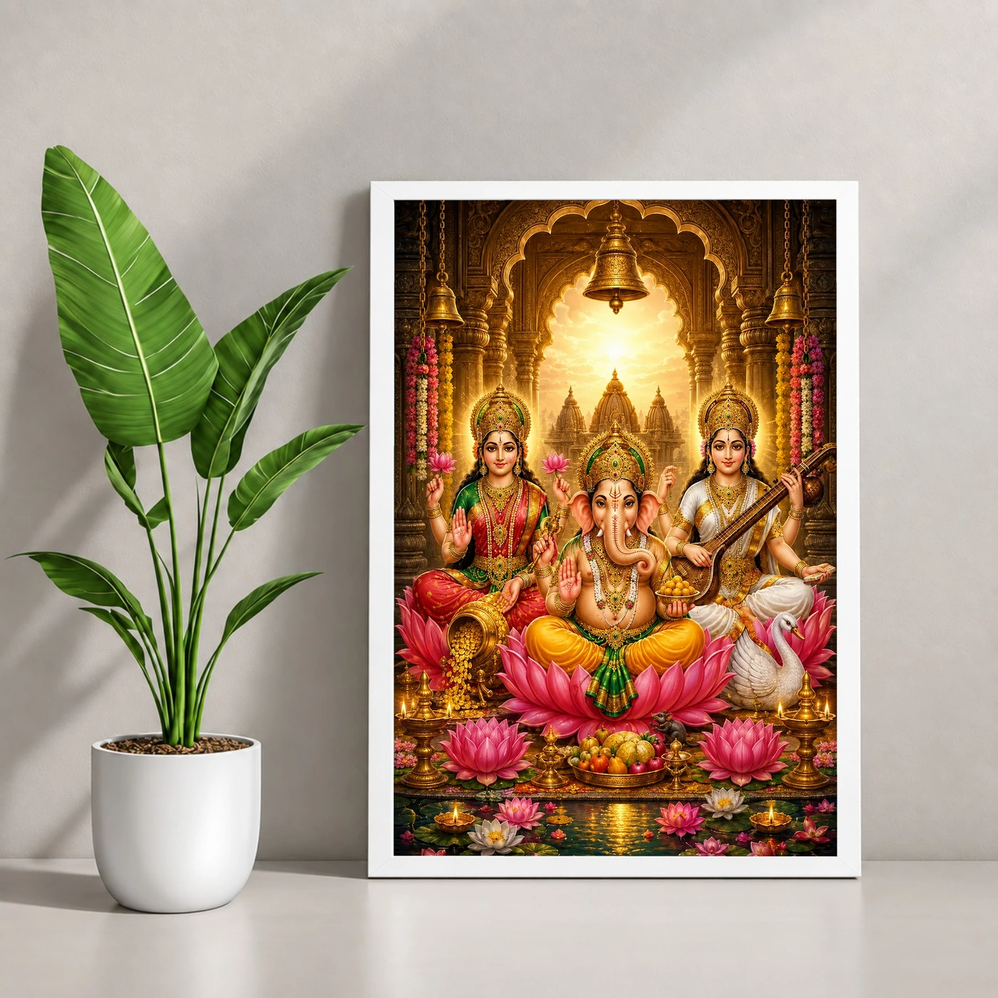 Lakshmi Saraswati Ganesha Heritage Temple Architecture Backdrop Photo Frame, view 4