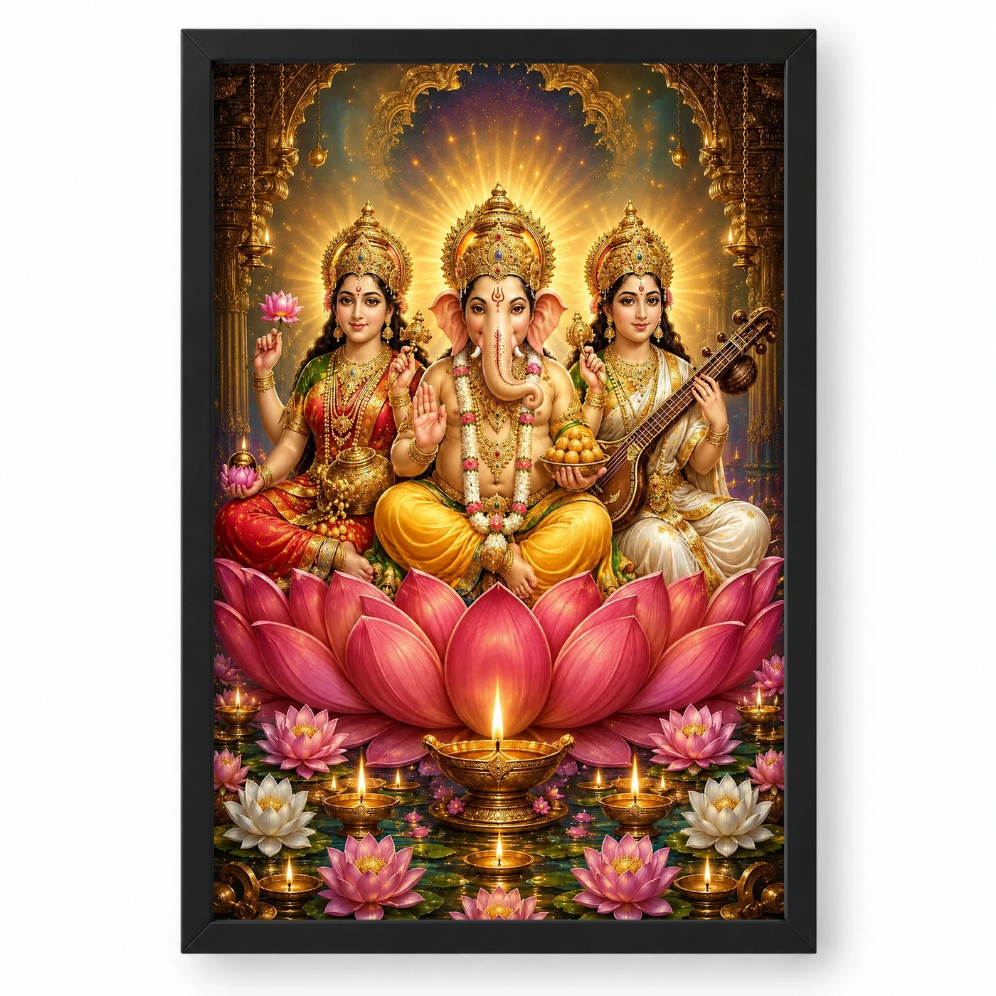 Lakshmi Saraswati Ganesha Lotus And Diya Radiance Photo Frame