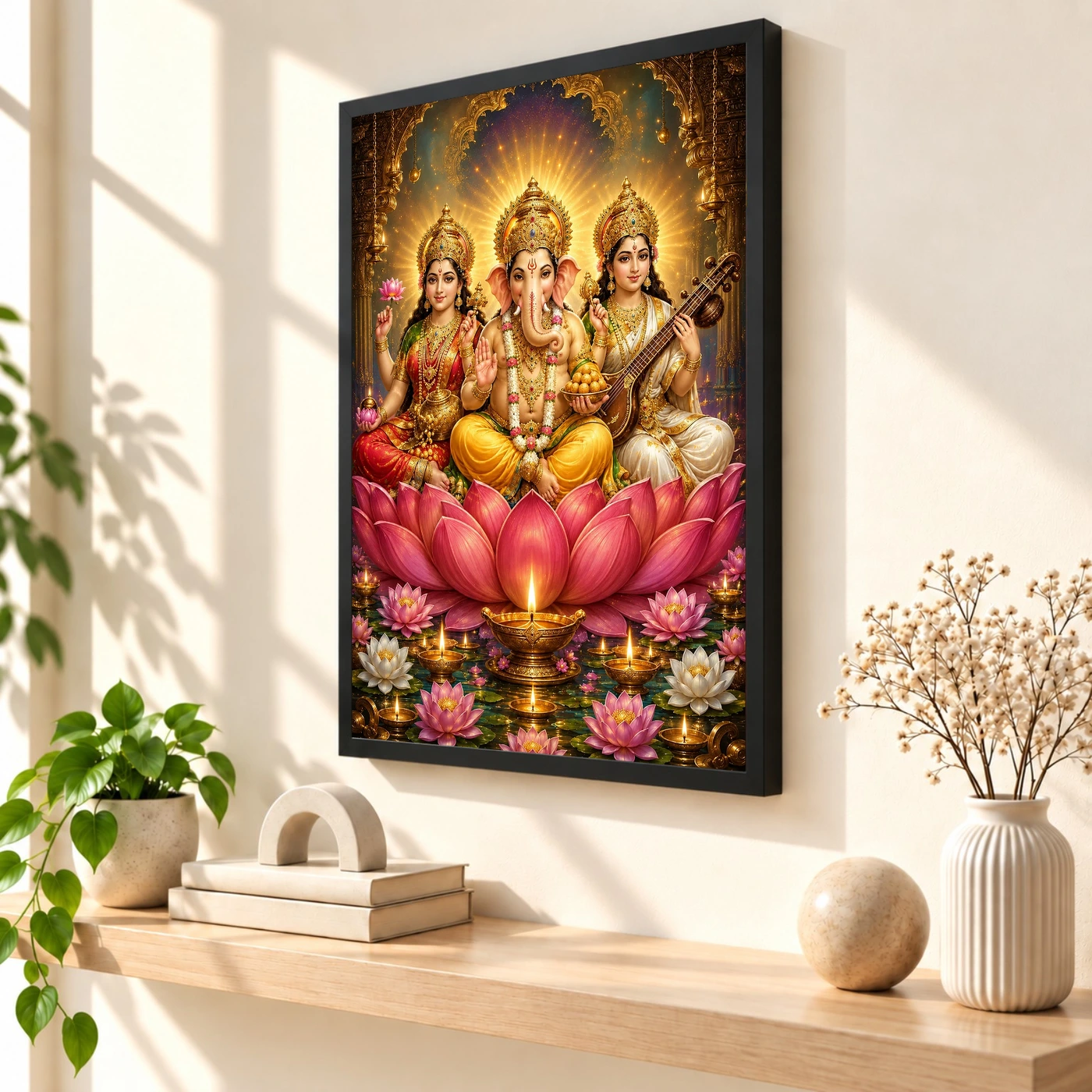 Lakshmi Saraswati Ganesha Lotus And Diya Radiance Photo Frame, view 2
