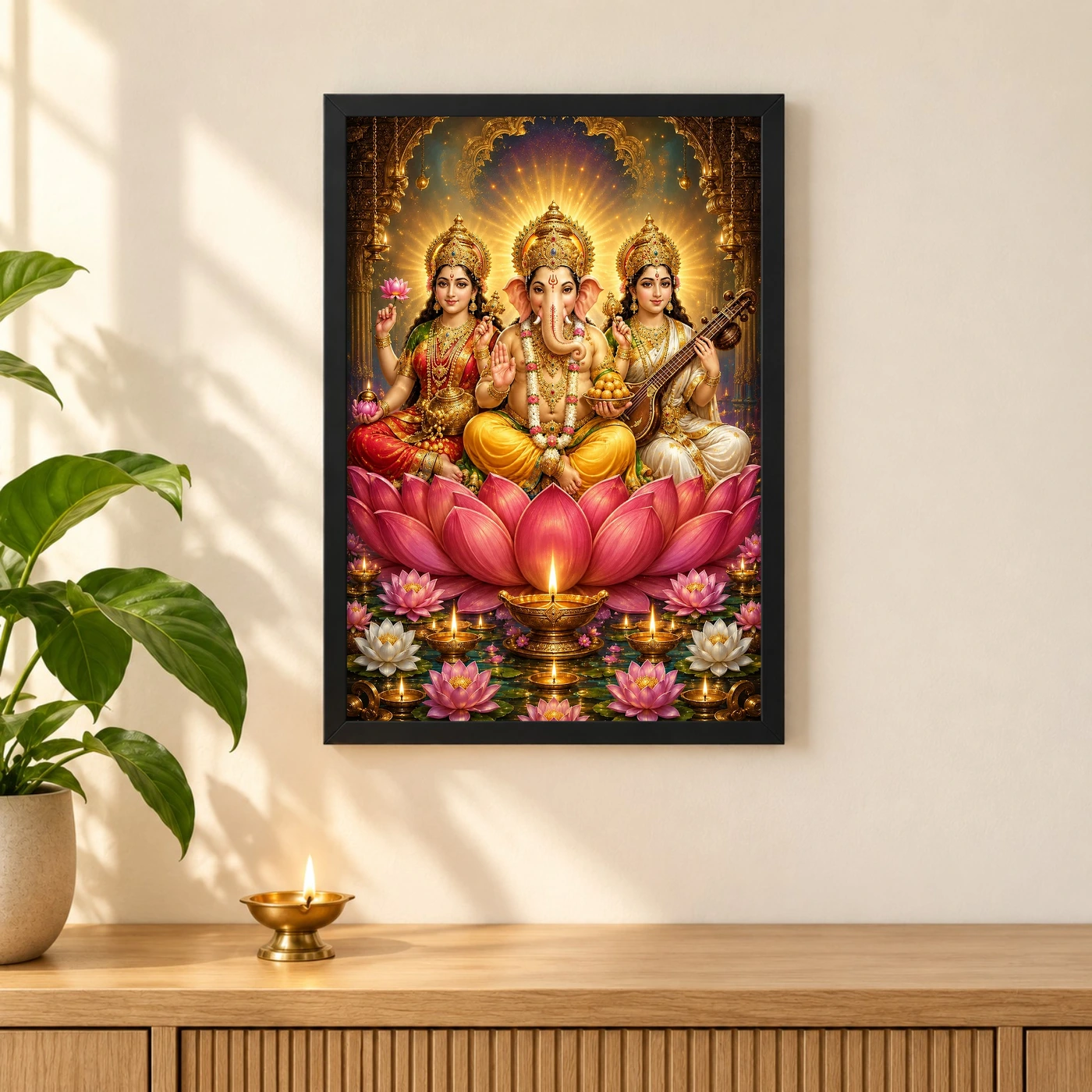 Lakshmi Saraswati Ganesha Lotus And Diya Radiance Photo Frame, view 3