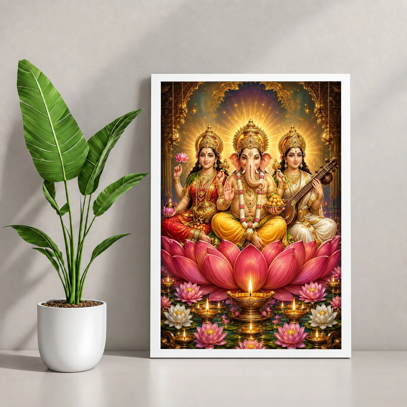 Lakshmi Saraswati Ganesha Lotus And Diya Radiance Photo Frame, view 4