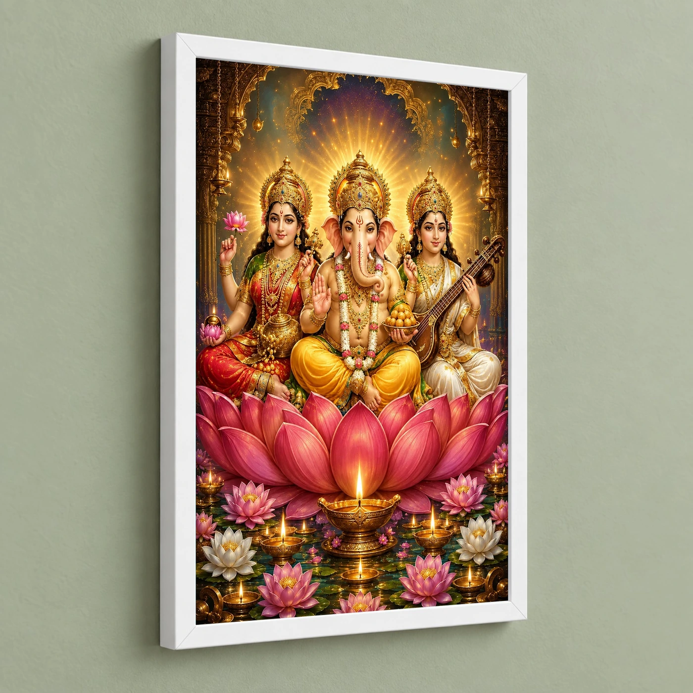 Lakshmi Saraswati Ganesha Lotus And Diya Radiance Photo Frame, view 5