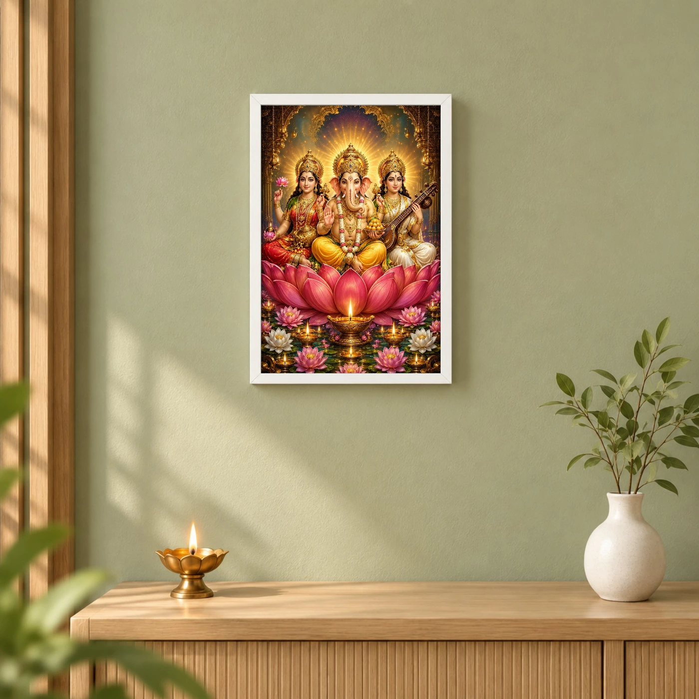 Lakshmi Saraswati Ganesha Lotus And Diya Radiance Photo Frame, view 6