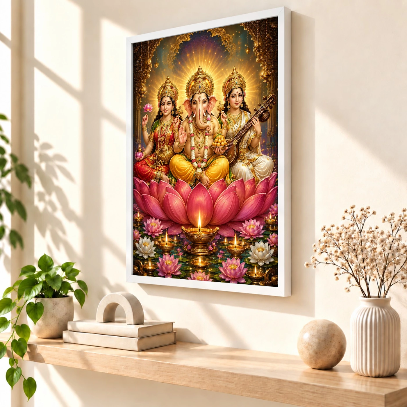 Lakshmi Saraswati Ganesha Lotus And Diya Radiance Photo Frame, view 7