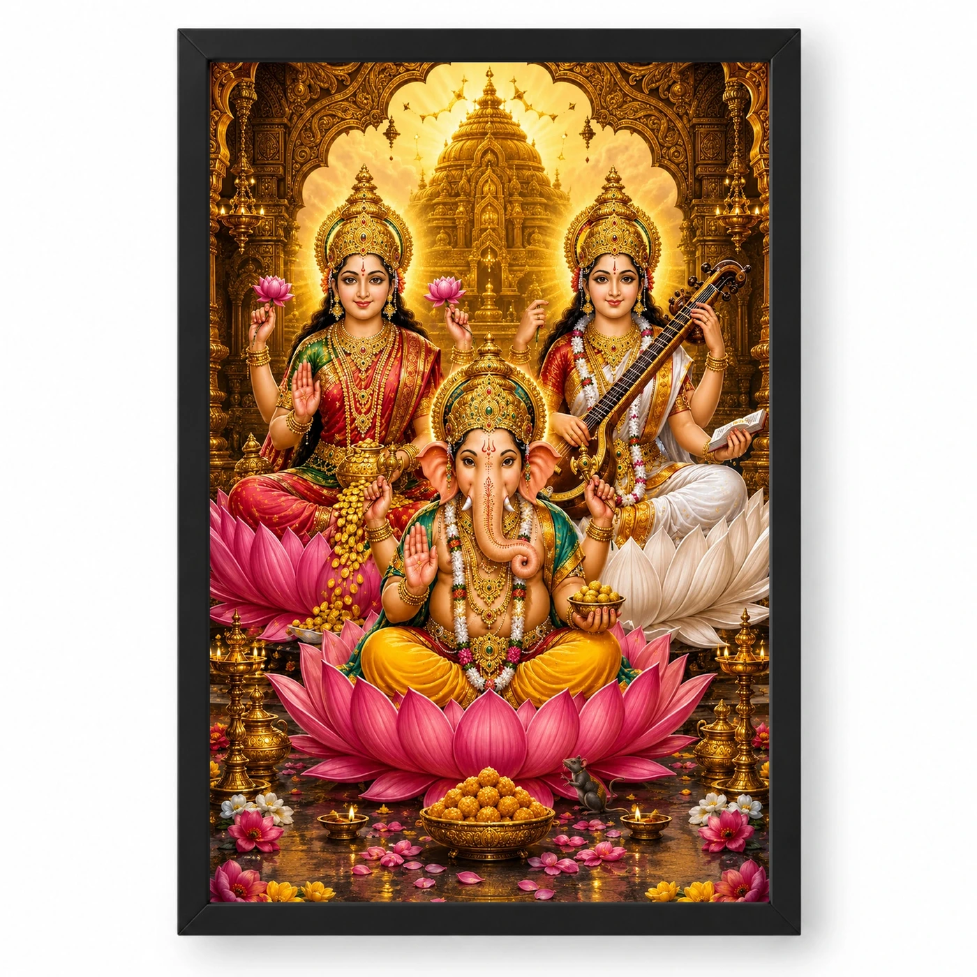 Lakshmi Saraswati Ganesha Ornate Golden Temple Darshan Photo Frame
