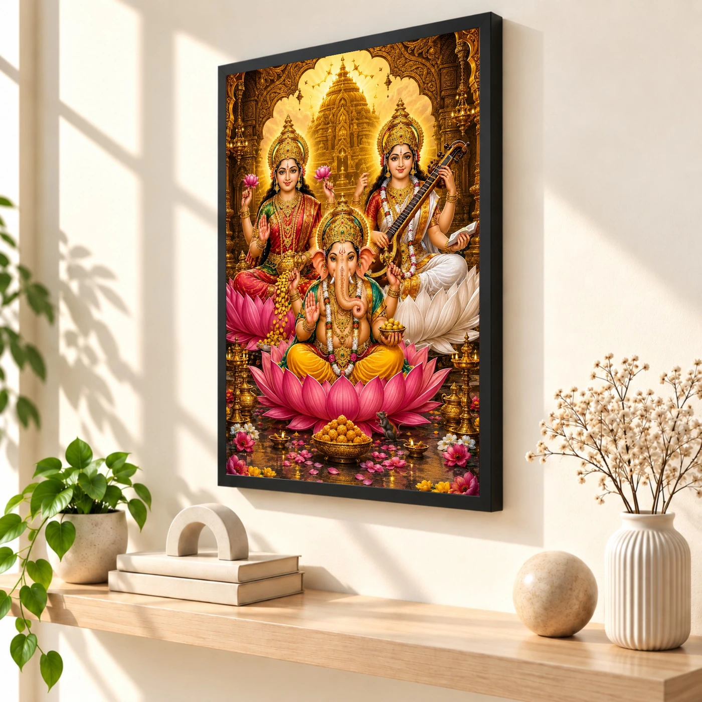 Lakshmi Saraswati Ganesha Ornate Golden Temple Darshan Photo Frame, view 2