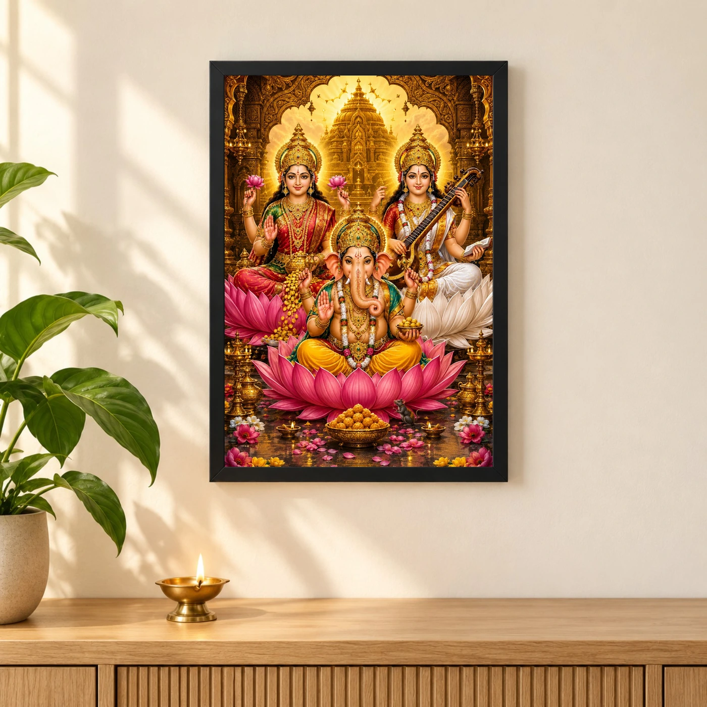 Lakshmi Saraswati Ganesha Ornate Golden Temple Darshan Photo Frame, view 3
