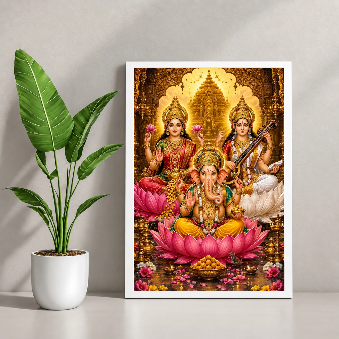 Lakshmi Saraswati Ganesha Ornate Golden Temple Darshan Photo Frame, view 4