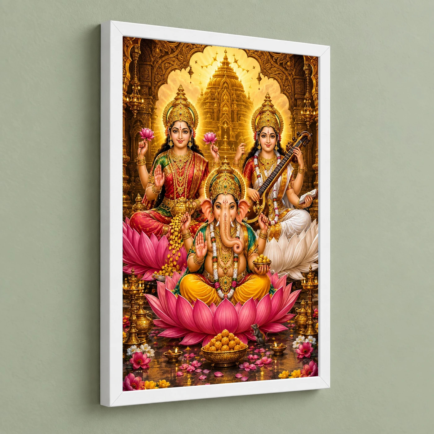 Lakshmi Saraswati Ganesha Ornate Golden Temple Darshan Photo Frame, view 5
