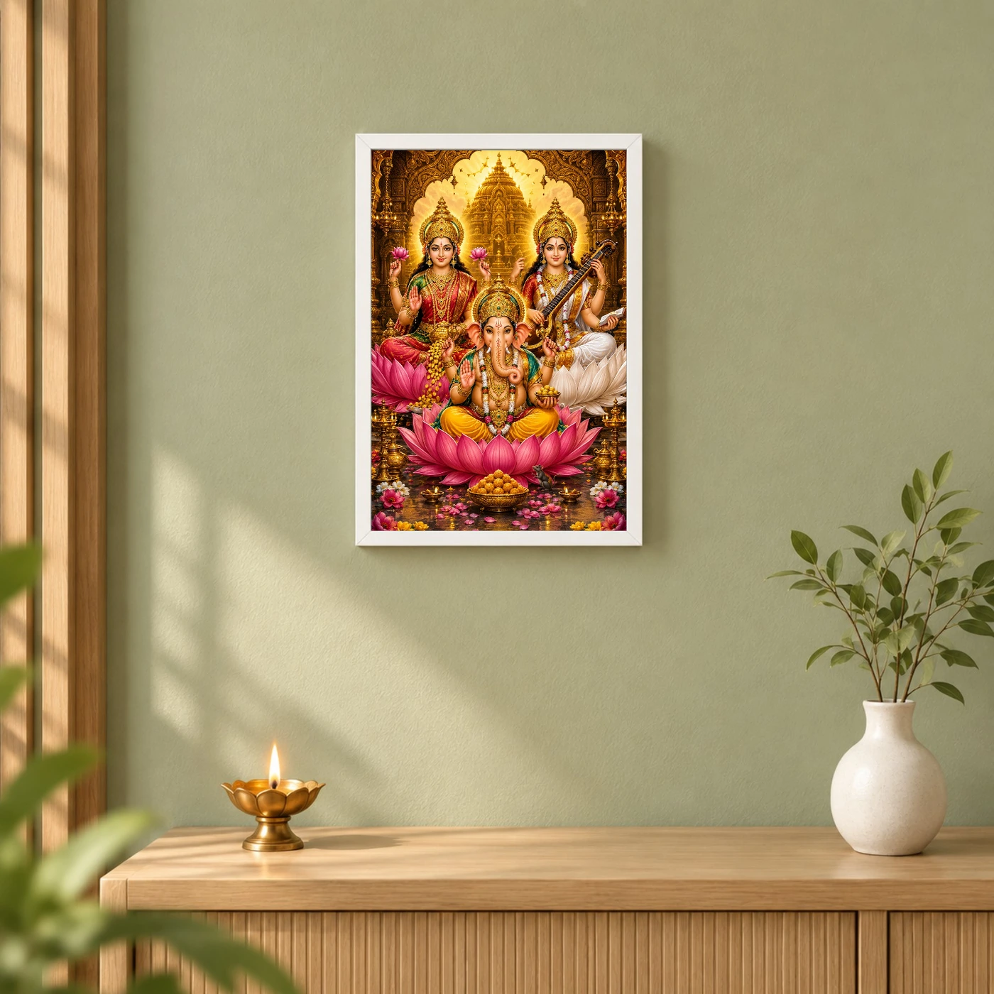 Lakshmi Saraswati Ganesha Ornate Golden Temple Darshan Photo Frame, view 6