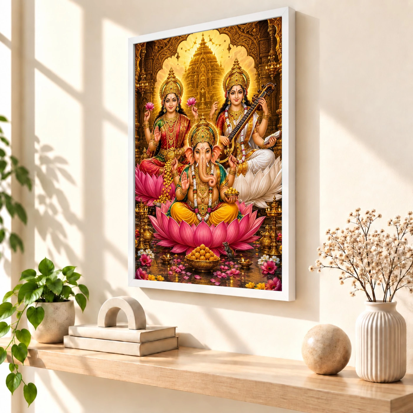 Lakshmi Saraswati Ganesha Ornate Golden Temple Darshan Photo Frame, view 7