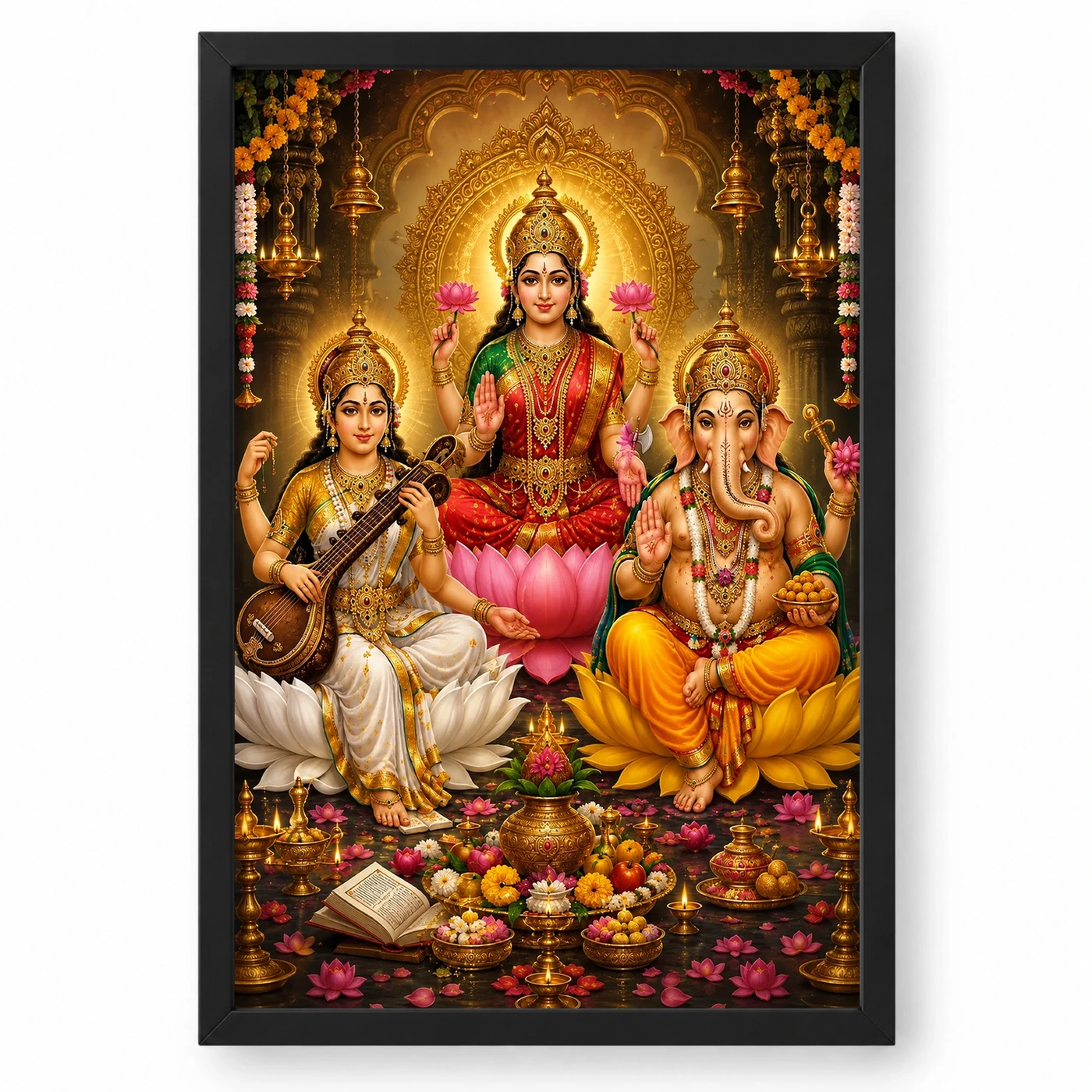 Lakshmi Saraswati Ganesha Peaceful Home Mandir Composition Photo Frame
