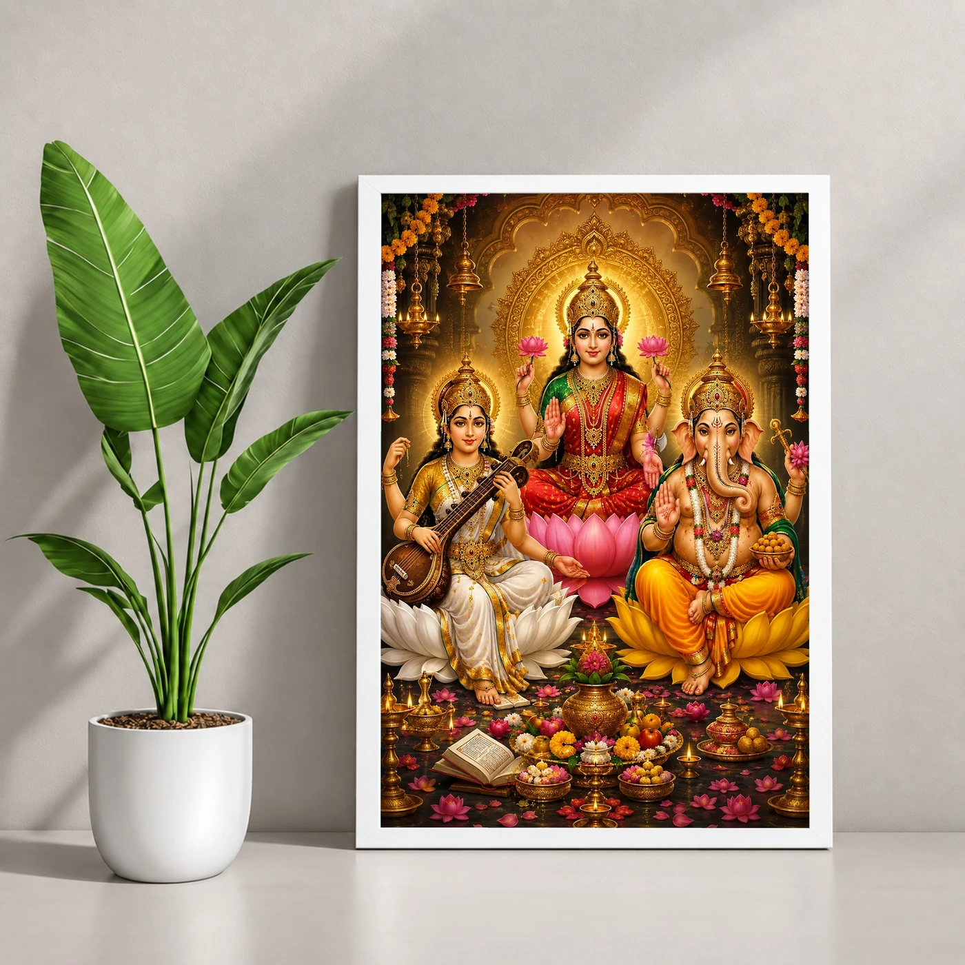 Lakshmi Saraswati Ganesha Peaceful Home Mandir Composition Photo Frame, view 4