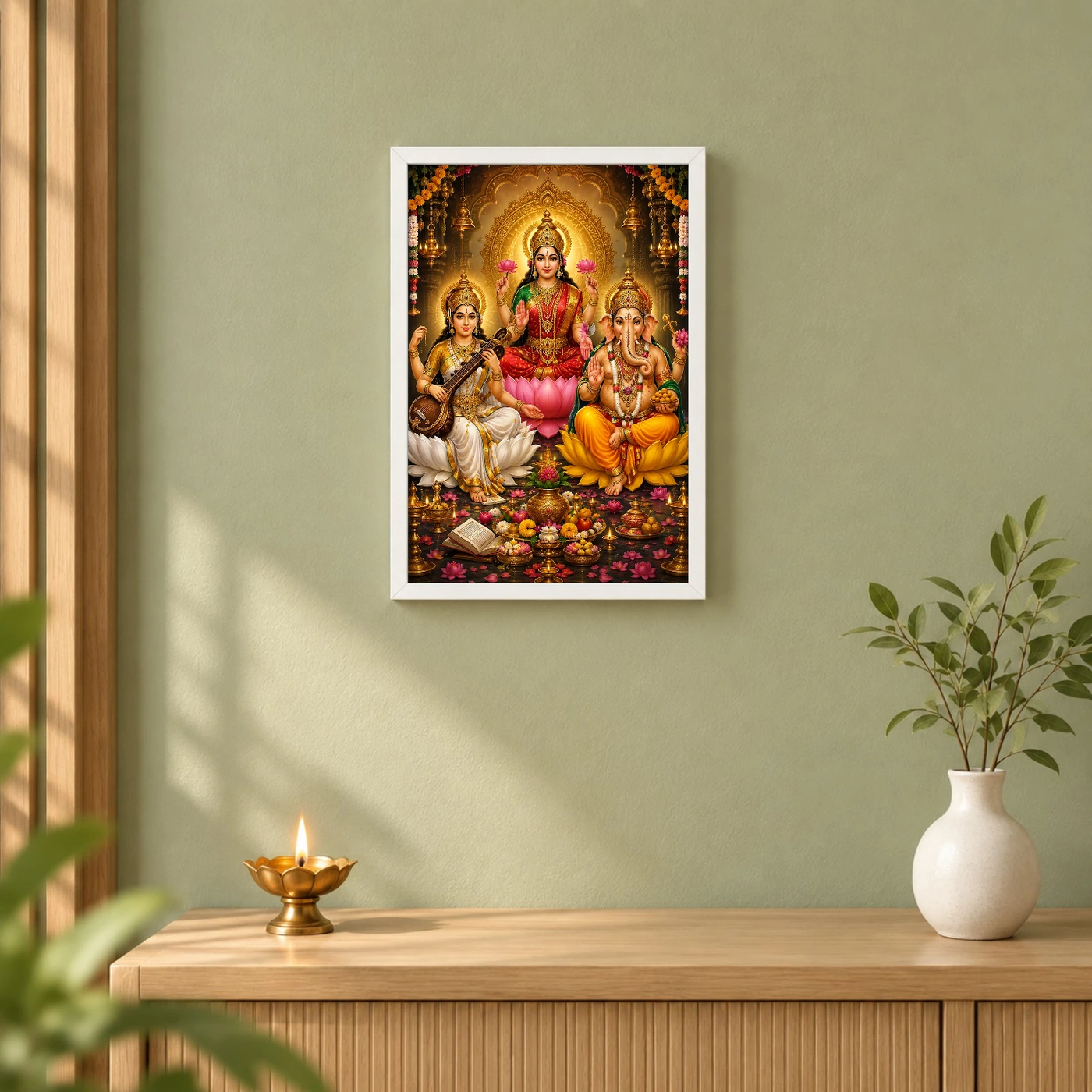 Lakshmi Saraswati Ganesha Peaceful Home Mandir Composition Photo Frame, view 6