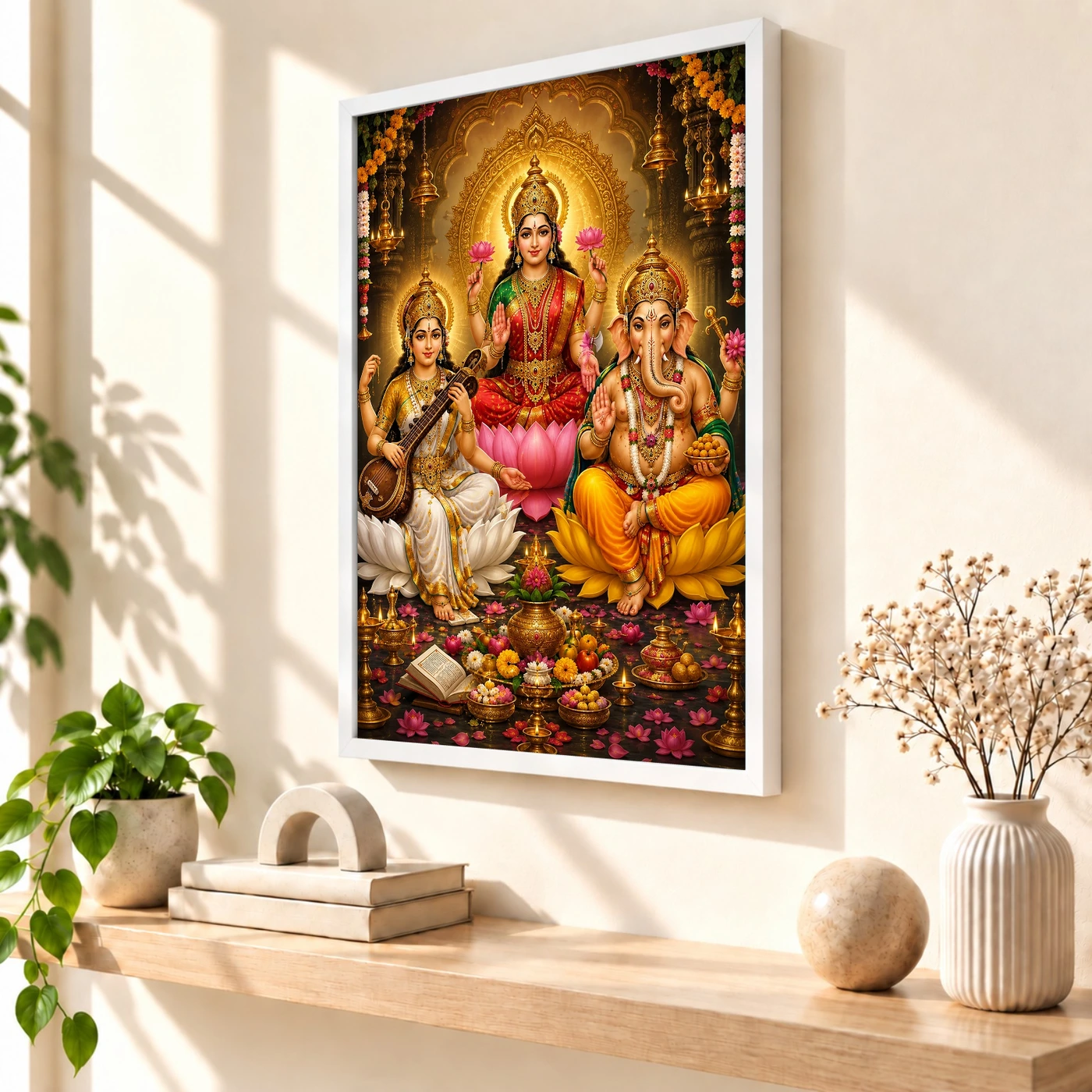 Lakshmi Saraswati Ganesha Peaceful Home Mandir Composition Photo Frame, view 7