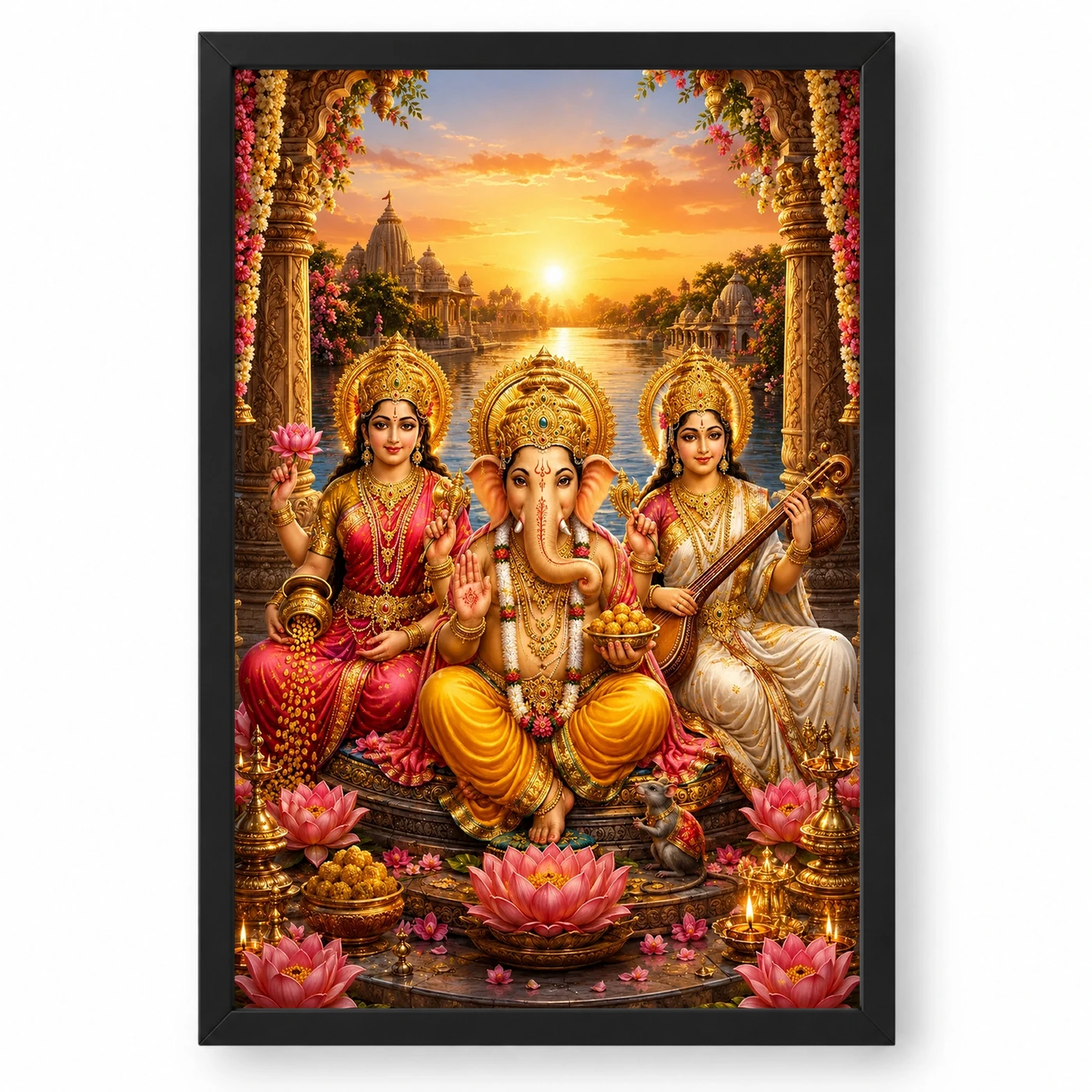 Lakshmi Saraswati Ganesha Serene Sunrise Blessing Photo Frame