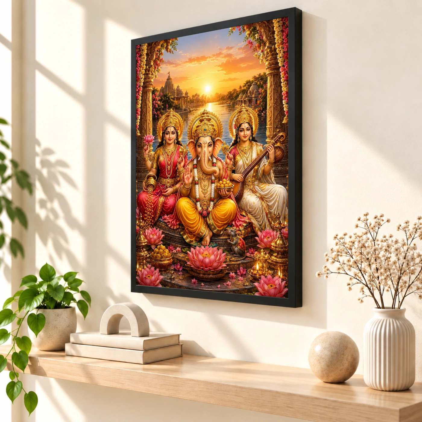 Lakshmi Saraswati Ganesha Serene Sunrise Blessing Photo Frame, view 2