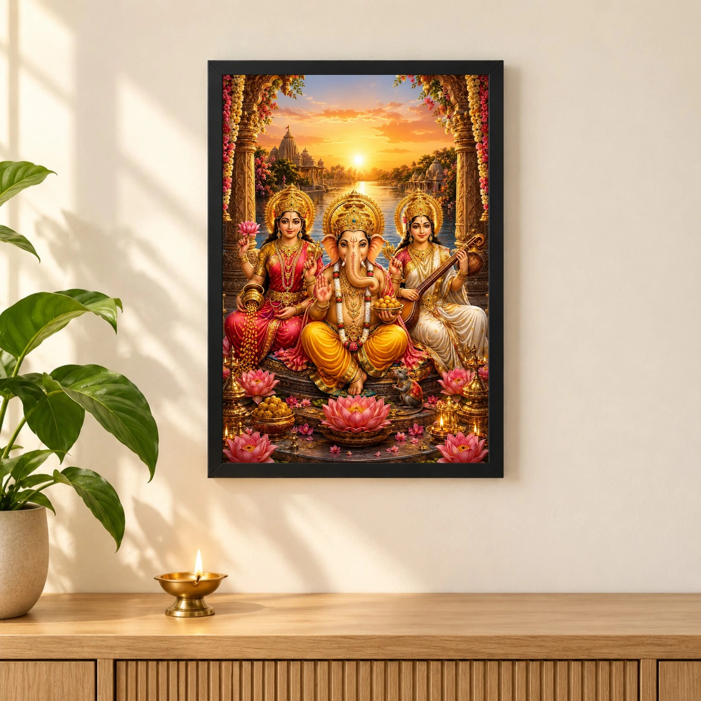 Lakshmi Saraswati Ganesha Serene Sunrise Blessing Photo Frame, view 3