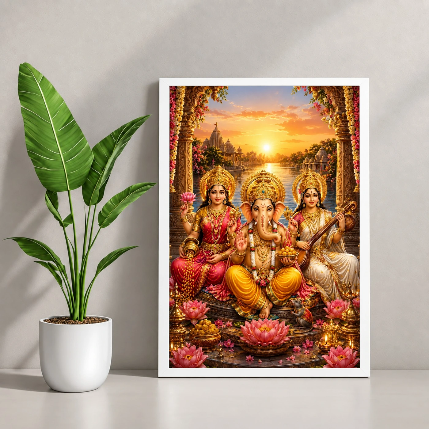 Lakshmi Saraswati Ganesha Serene Sunrise Blessing Photo Frame, view 4