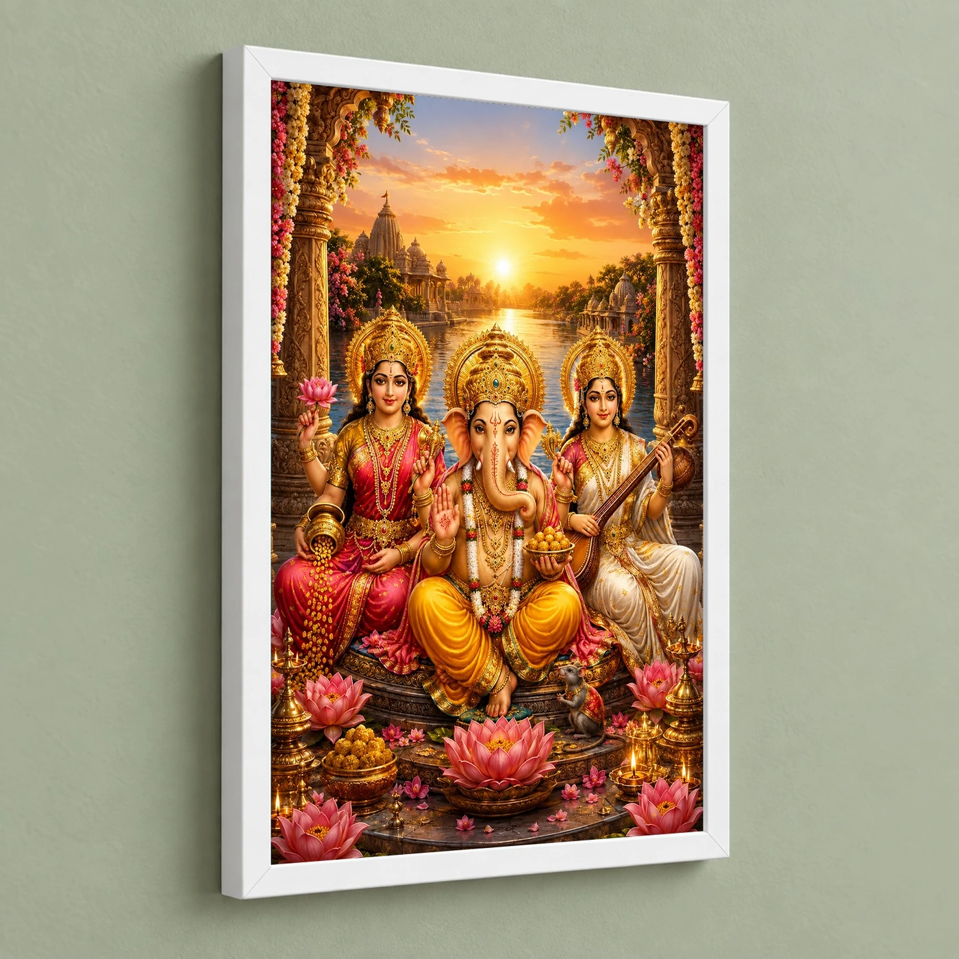 Lakshmi Saraswati Ganesha Serene Sunrise Blessing Photo Frame, view 5