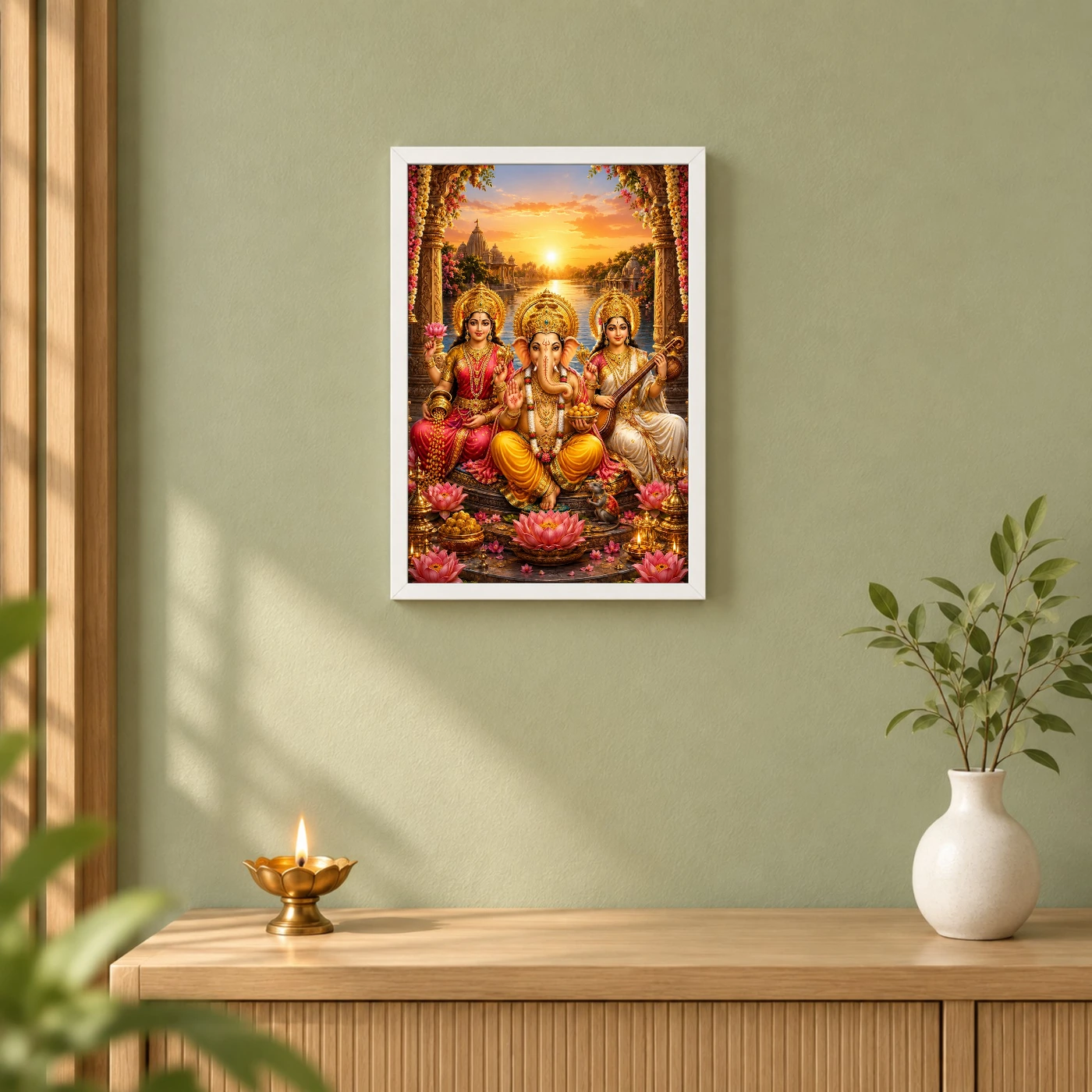 Lakshmi Saraswati Ganesha Serene Sunrise Blessing Photo Frame, view 6