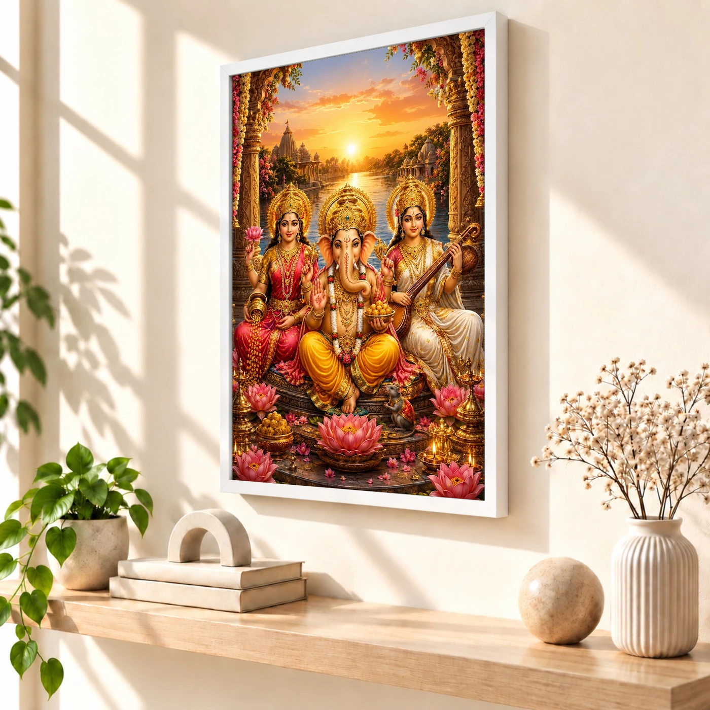 Lakshmi Saraswati Ganesha Serene Sunrise Blessing Photo Frame, view 7