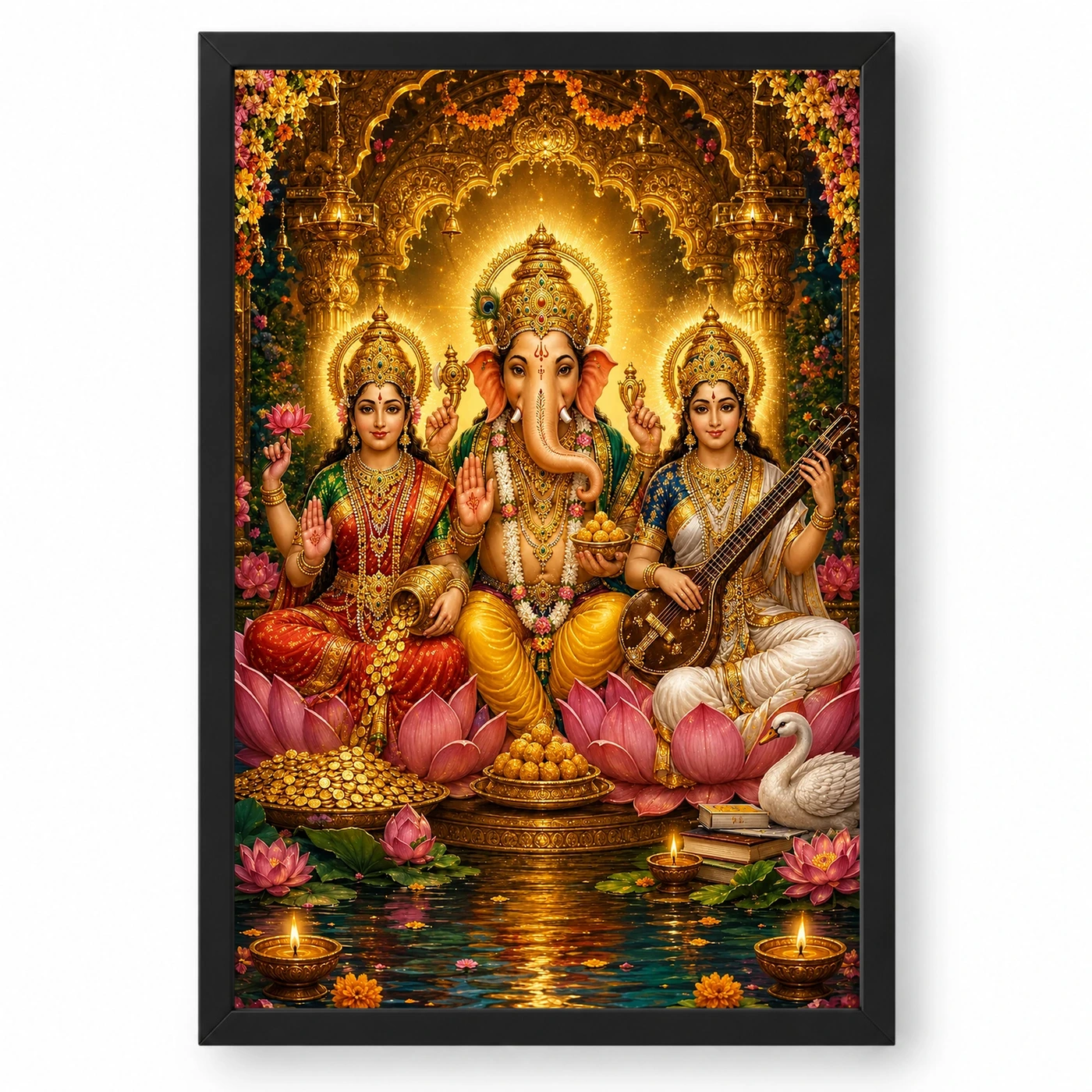 Lakshmi Saraswati Ganesha Traditional Indian Miniature-Inspired Devotional Art Photo Frame