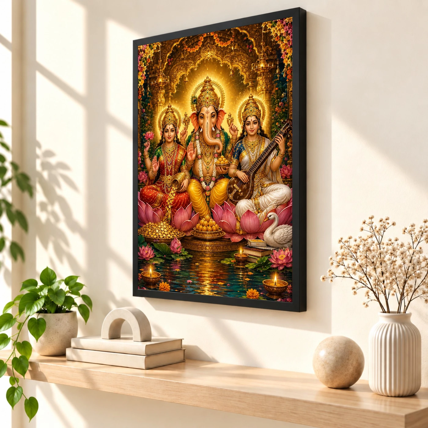 Lakshmi Saraswati Ganesha Traditional Indian Miniature-Inspired Devotional Art Photo Frame, view 2