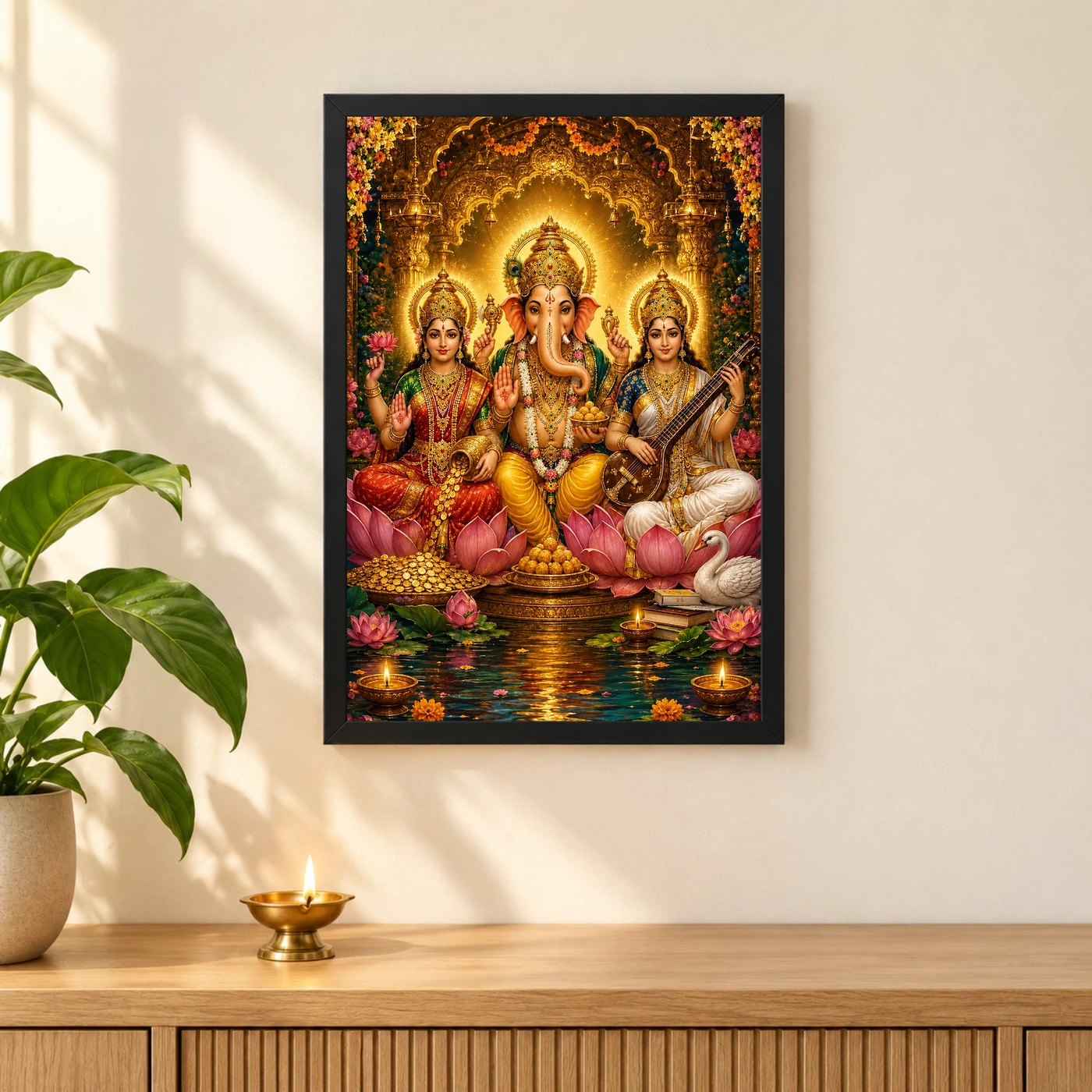 Lakshmi Saraswati Ganesha Traditional Indian Miniature-Inspired Devotional Art Photo Frame, view 3