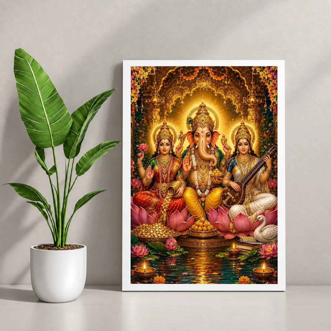 Lakshmi Saraswati Ganesha Traditional Indian Miniature-Inspired Devotional Art Photo Frame, view 4