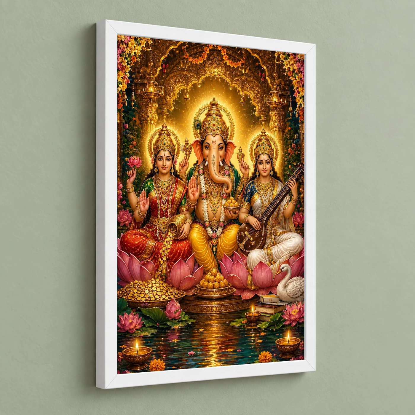 Lakshmi Saraswati Ganesha Traditional Indian Miniature-Inspired Devotional Art Photo Frame, view 5
