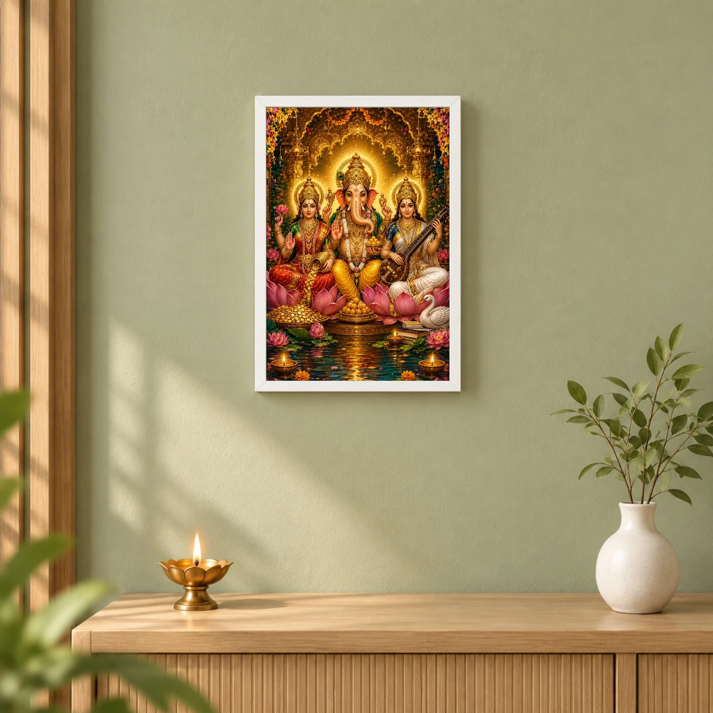 Lakshmi Saraswati Ganesha Traditional Indian Miniature-Inspired Devotional Art Photo Frame, view 6