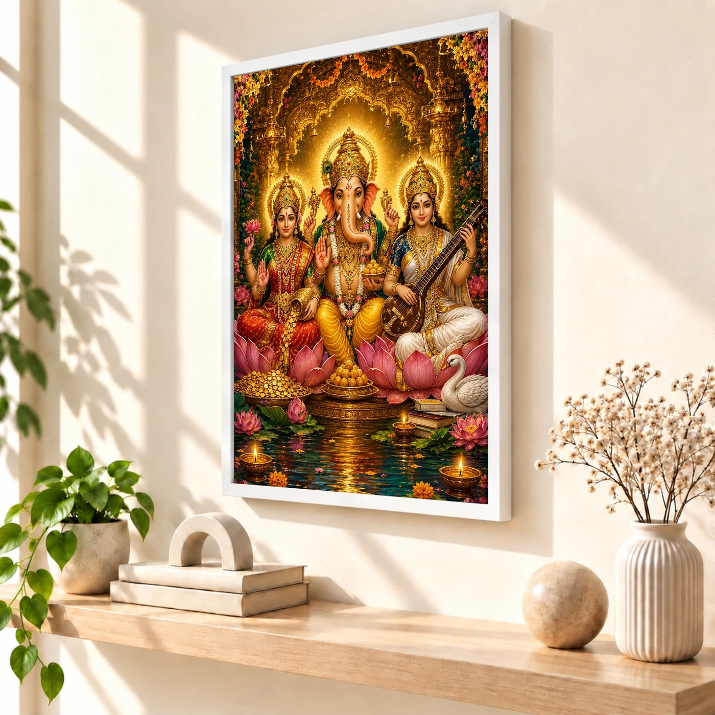 Lakshmi Saraswati Ganesha Traditional Indian Miniature-Inspired Devotional Art Photo Frame, view 7