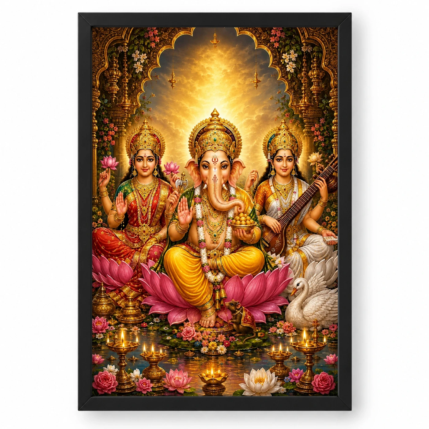 Lakshmi Saraswati Ganesha Vivid Premium Spiritual Poster Art Photo Frame