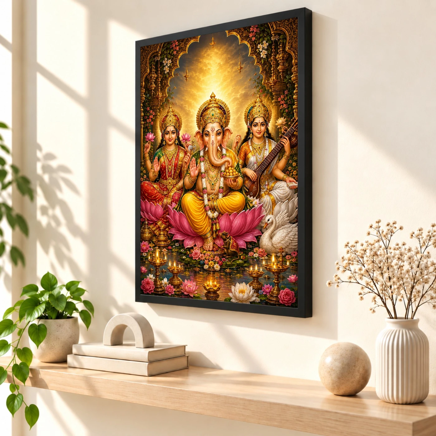 Lakshmi Saraswati Ganesha Vivid Premium Spiritual Poster Art Photo Frame, view 2