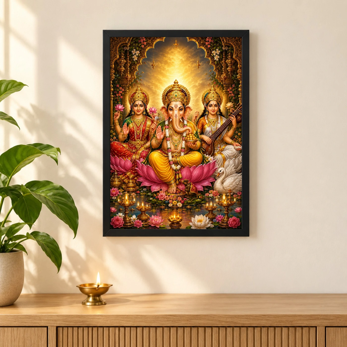 Lakshmi Saraswati Ganesha Vivid Premium Spiritual Poster Art Photo Frame, view 3