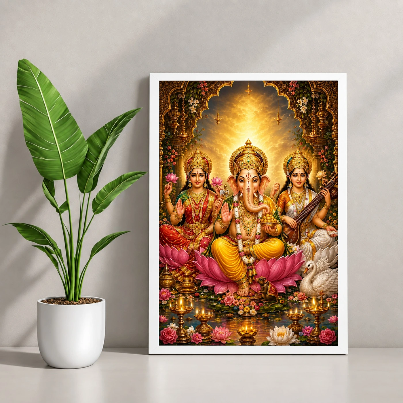 Lakshmi Saraswati Ganesha Vivid Premium Spiritual Poster Art Photo Frame, view 4