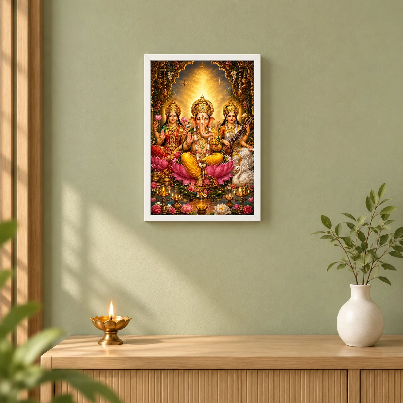 Lakshmi Saraswati Ganesha Vivid Premium Spiritual Poster Art Photo Frame, view 6