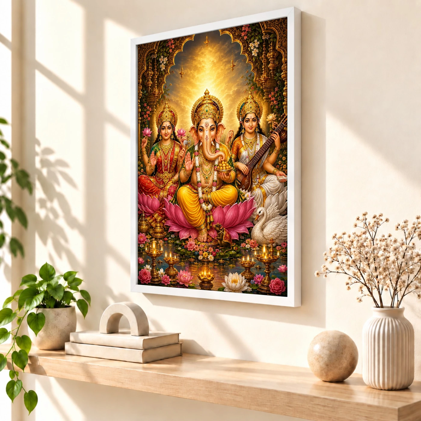 Lakshmi Saraswati Ganesha Vivid Premium Spiritual Poster Art Photo Frame, view 7
