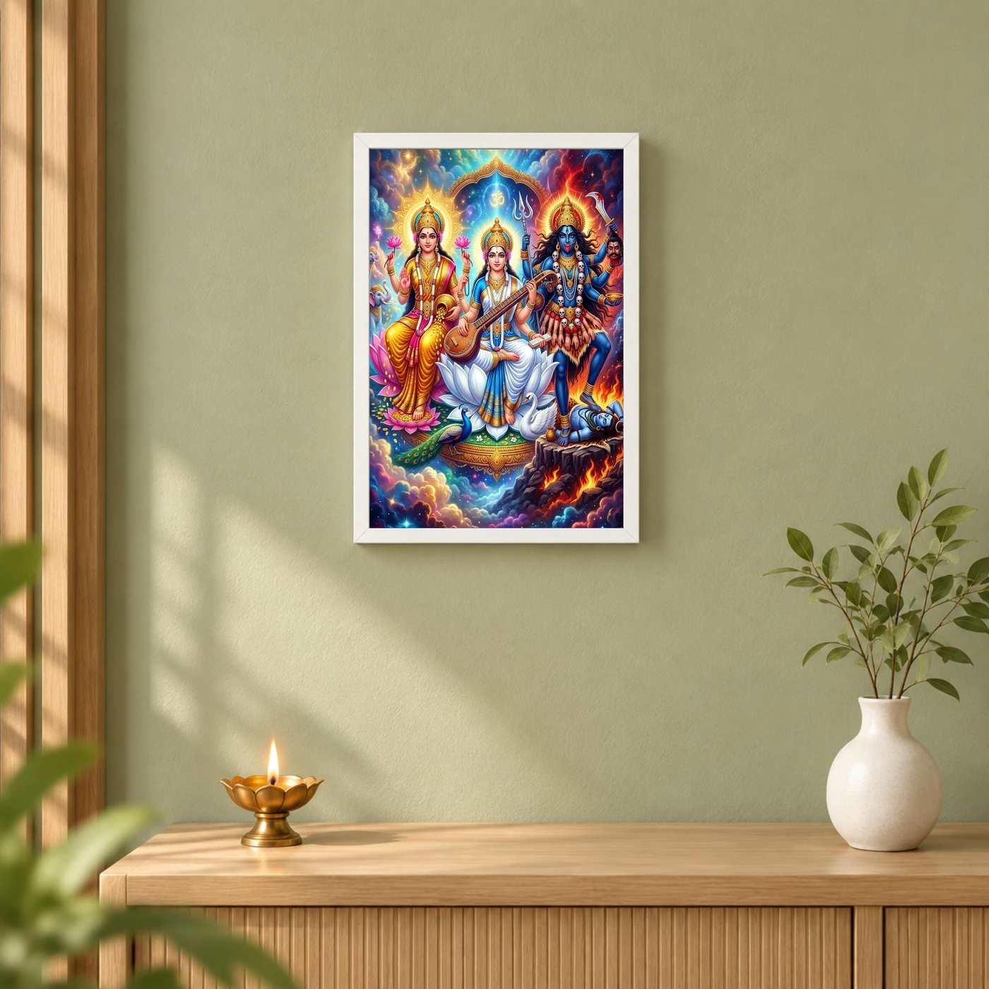 Lakshmi Saraswati Kali Trinity Divine Feminine Vibrant Art Photo Frame, view 6