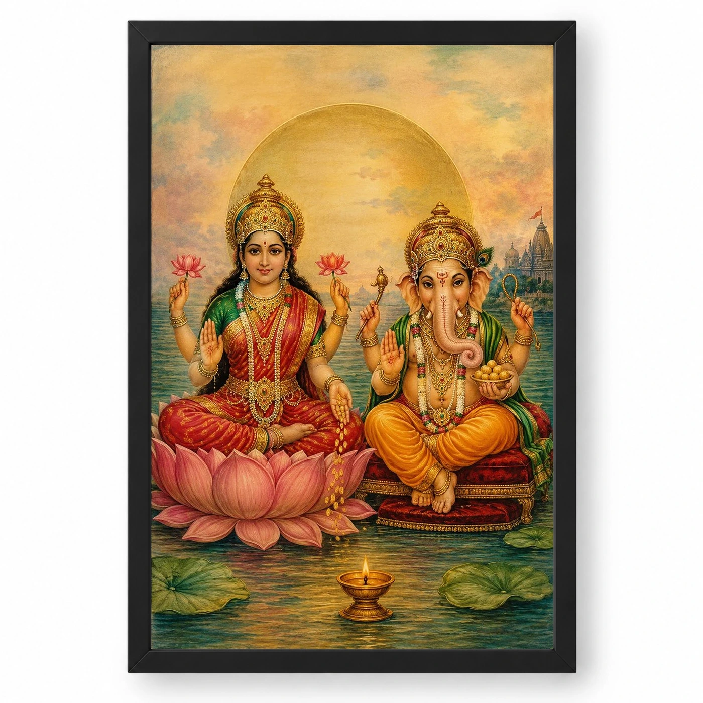 Laxmi Ganesh — Traditional Oleograph Style Frame