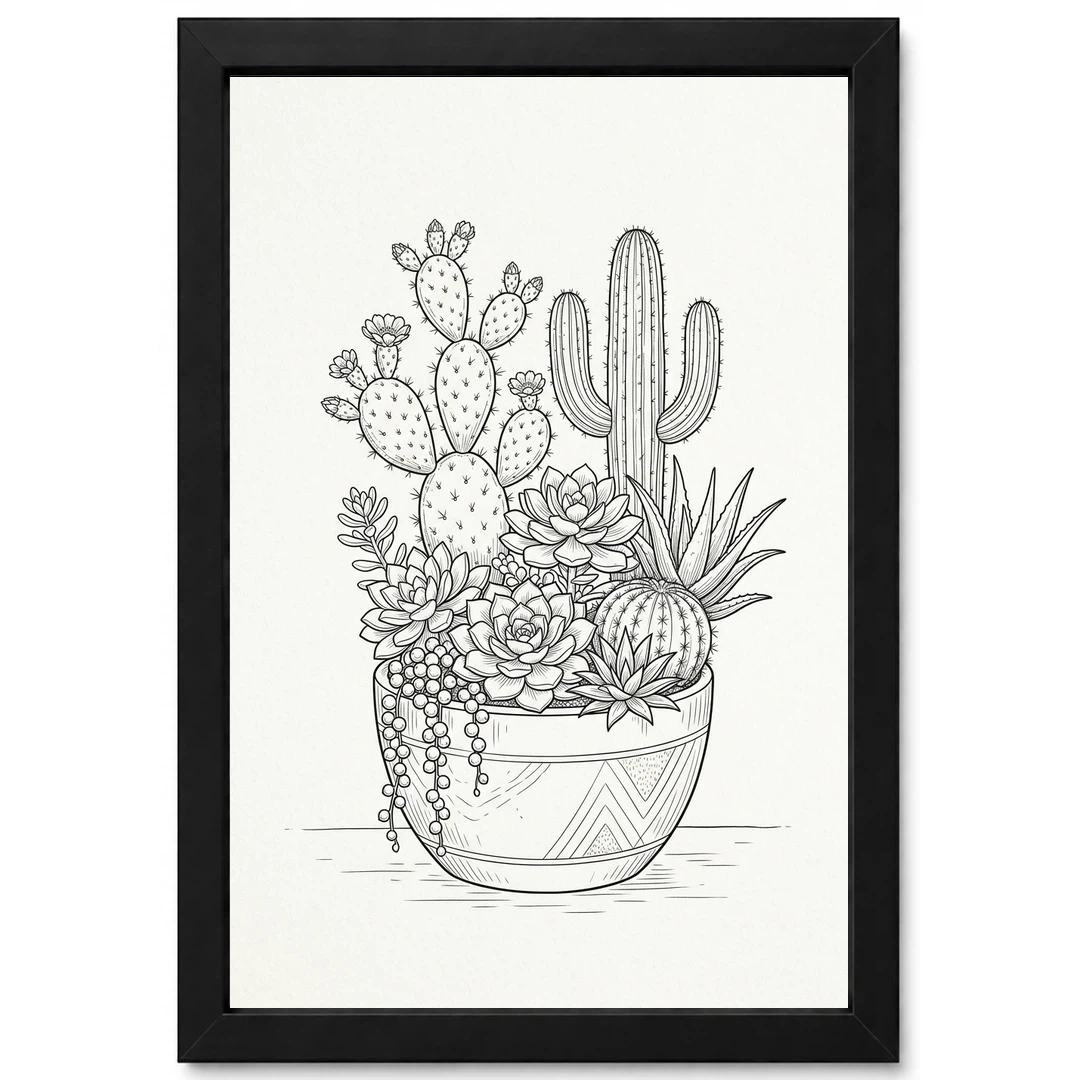 Line Art Cactus Succulent Trendy Botanical Fine Lines Art Photo Frame