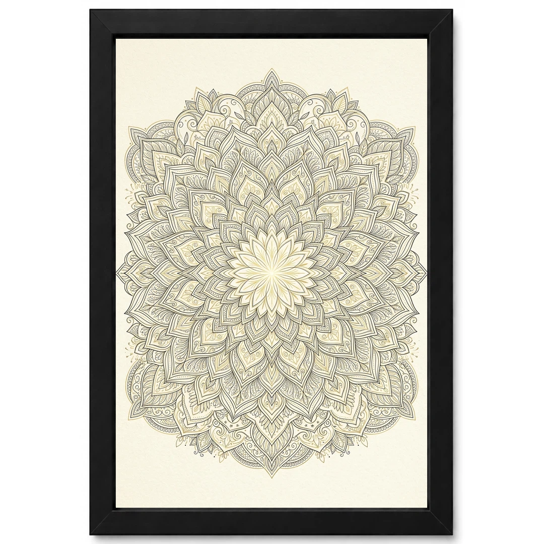Line Art Geometric Floral Mandala Intricate Black Gold Cream Art Photo Frame