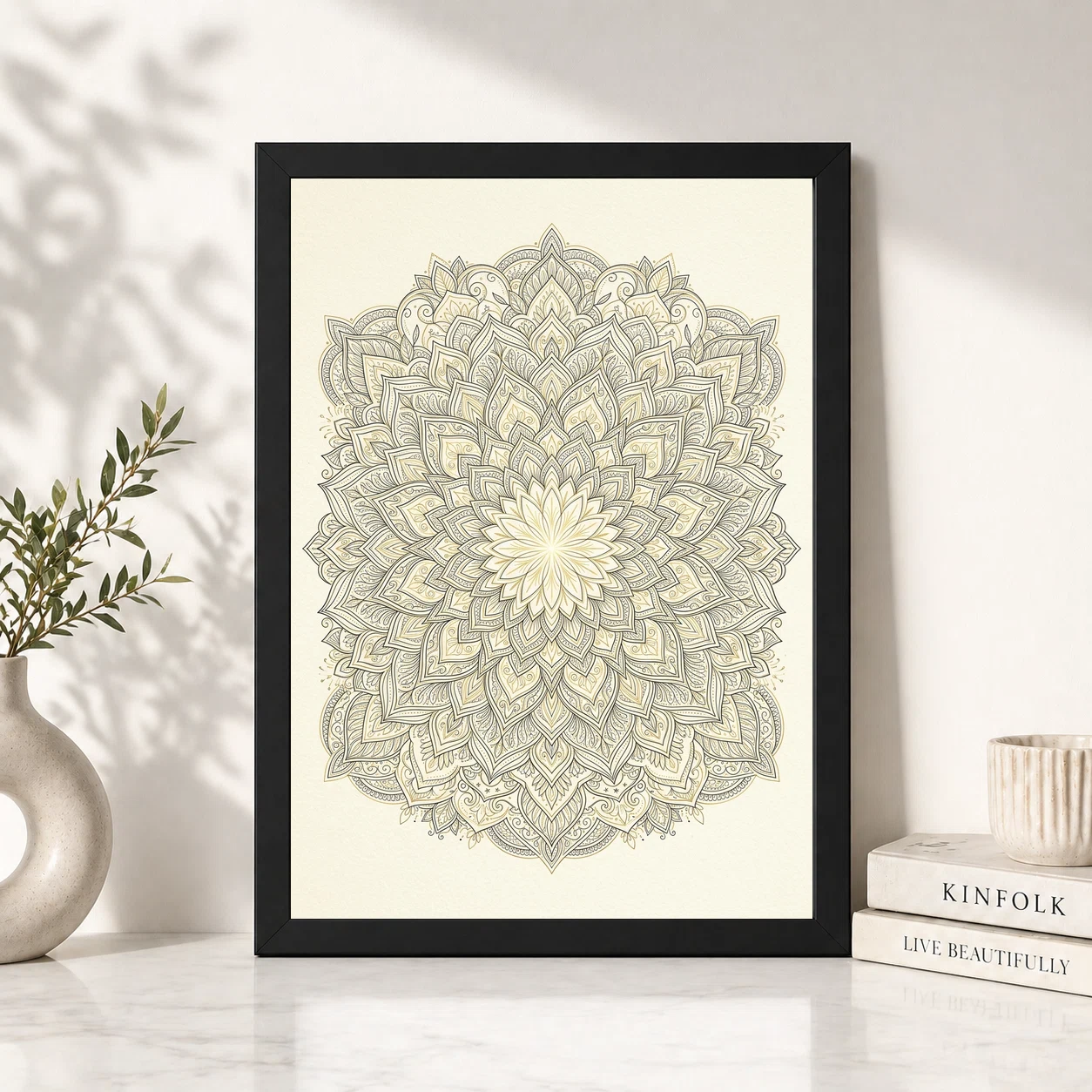 Line Art Geometric Floral Mandala Intricate Black Gold Cream Art Photo Frame, view 2